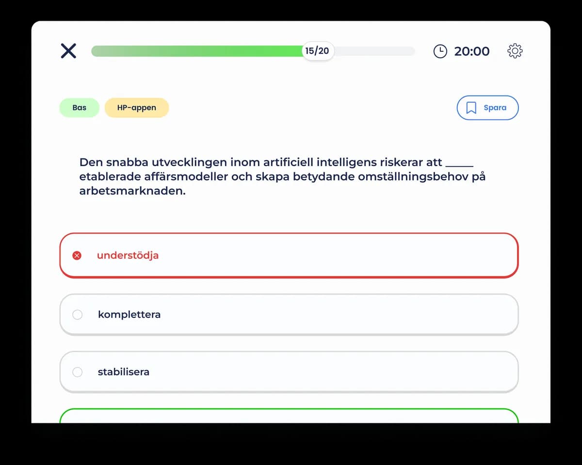 Övningsuppgift i HP-appen, rättad direkt med rätt och fel svar utmärkta