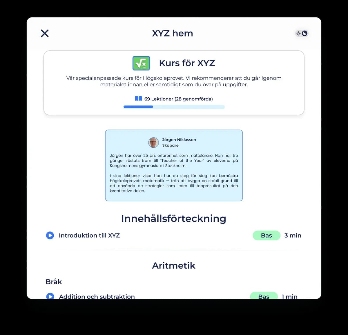 Kursöversikt i HP-appen med videolektioner och innehållsförteckning